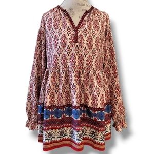 Melloday Red And Blue Floral Print Long-sleeve Babydoll Tunic/Top - Size Large